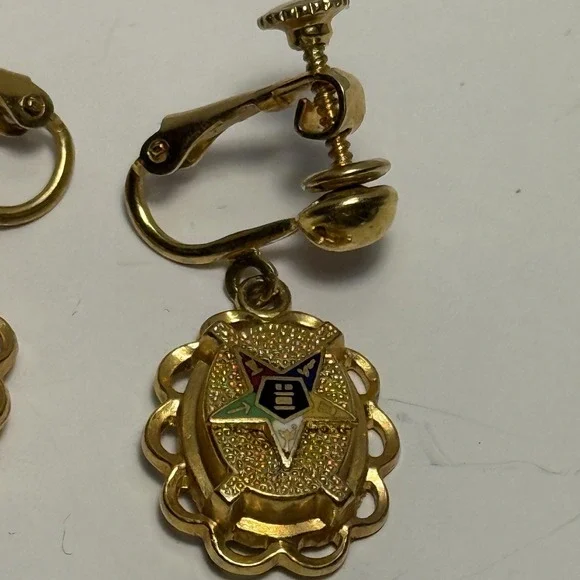 Vintage Eastern Star Masonic Screw Back Dangle Earrings Gold Tone Enamel Women - Picture 2 of 8